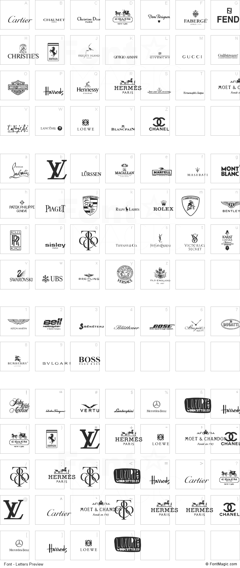 Luxury Brands Font - All Latters Preview Chart